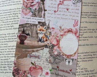 May include: A decorative card with a collage design featuring a fox illustration, hearts, a key, and a castle. The card has a pink and beige color scheme with text elements and a frame.