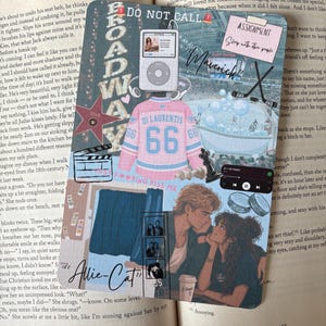 May include: A bookmark with a pink and blue hockey jersey with the number 66, an iPod, and a couple kissing. The bookmark is set against an open book, with text and illustrations. The word 'Broadway' is visible.
