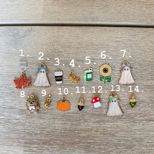 May include: A collection of fourteen metal enamel charms labelled one through fourteen, featuring designs including a red maple leaf, ghosts with bows, a coffee cup, a dragonfly, a green book, a sunflower, a teddy bear, a pumpkin, and mushrooms.