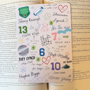 May include: A rectangular white card featuring a collage of colourful hand-drawn doodles and handwritten names including Johnny Kavanagh, Claire Biggs, and Aoife Malloy. The design includes a rugby ball, a teddy bear, hearts, clovers, and numbers.