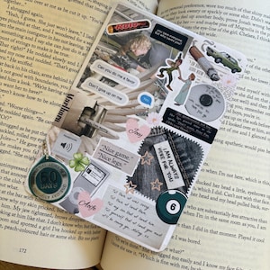 May include: A collage of images and text on a book page. The collage includes a photo of a person, a sticker of a pool ball, a sticker of a star, and a sticker of a green shamrock. The text on the page includes the words "Nice game", "Nice legs", "I am always here for you", and "Don't give up on me".