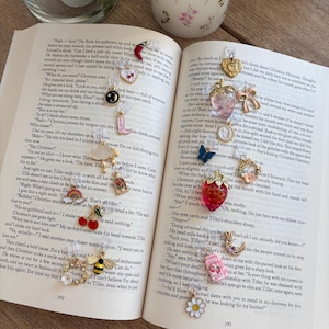 May include: A selection of charm pendants, including a strawberry and a bee, on an open book. The charms are attached to clear plastic. The book is open to pages 192 and 193. The book is on a wooden surface.