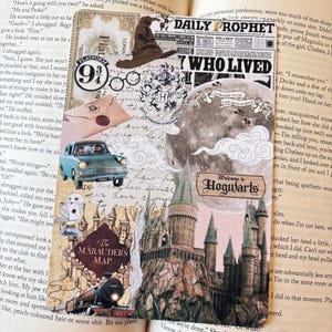 May include: A decorative bookmark featuring a collage of images and text from the Harry Potter series. Includes the Hogwarts castle, a train, a car, an owl, and the Marauder's Map. The bookmark is rectangular and placed on an open book.