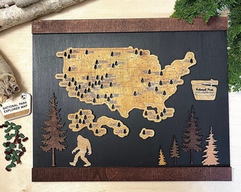 National Park Travel Map Sasquatch Sign Gift for Hikers US Travel Map National Parks Tracker Gift for Fathers Day Mothers Day Custom Outdoor