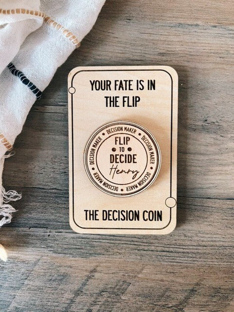 Personalized Decision Maker Coin Wood Valentines Day Gift For Him Argument Solver Couples Date Night Flip Coin 5th Anniversary Wood Gift image 1