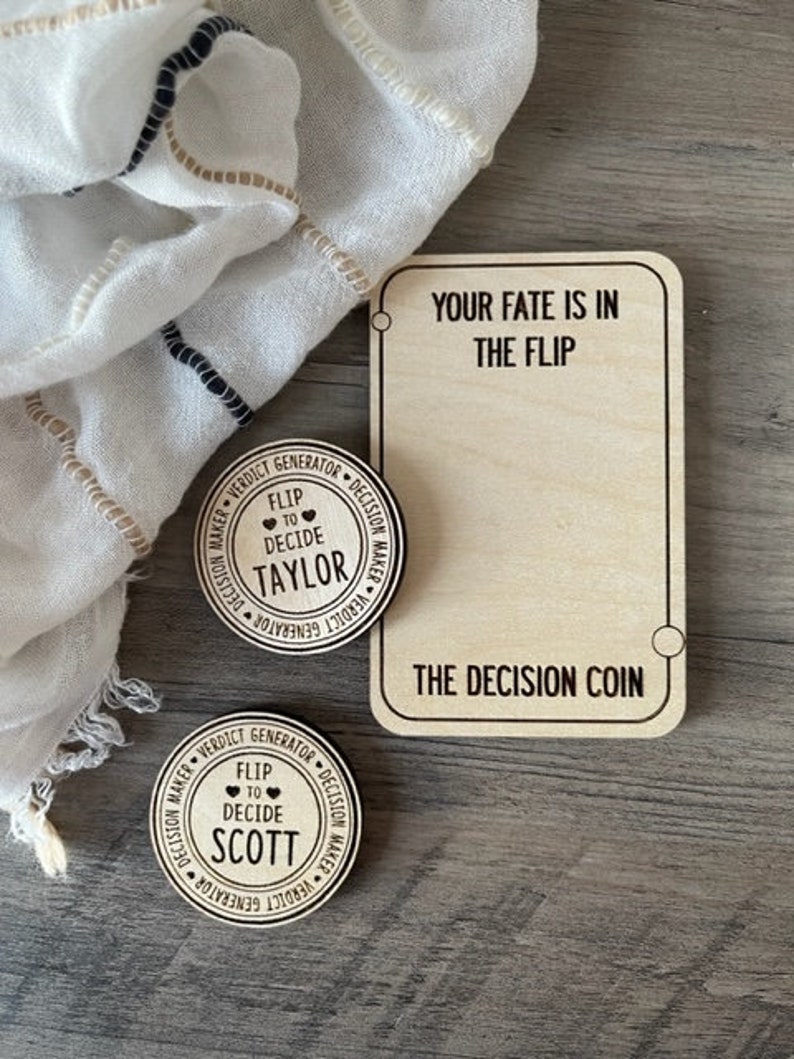 Personalized Decision Maker Coin Wood Valentines Day Gift For Him Argument Solver Couples Date Night Flip Coin 5th Anniversary Wood Gift image 3