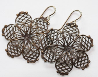 Natural,Oxidized, Vintaj  Brass Violet Flower Filigree Earrings