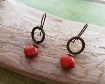 Oxidized brass, natural brass, Vintaj, diagonal shape, red sponge coral earrings
