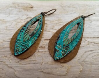 Oxidized brass, verdigris finish, almond shaped ornamental drop layered over hammered open teardrop, earrings, boho, classy hippie