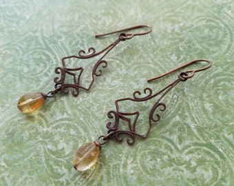 Oxidized brass,  natural brass,  Vintaj,  yellow, faceted, Citrine natural stone, scrollwork, long, elegant, earrings