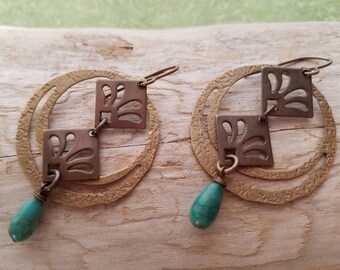 Oxidized brass, natural brass, Vintaj, Turquoise, natural stone, teak, circle, open ring, long earrings