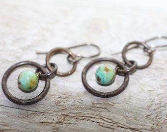 Oxidized, Natural, Vintaj Brass, Light Green Chrysophase in Rings, Earrings