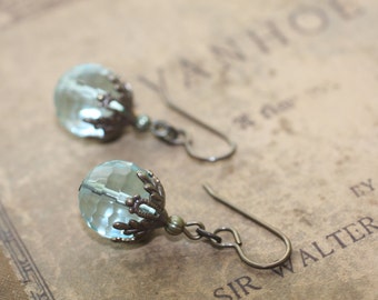 Natural, Oxidized, Vintaj Brass, Faceted Aqua Quartz with Canopy Bead Cap Earrings