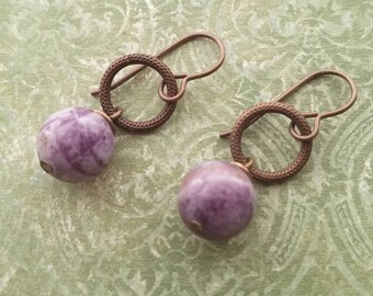 Oxidized brass,  natural brass,  Vintaj,  purple,  petrified Fluorite, natural stone,  round, rustic, earthy, earrings