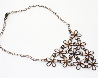 Oxidized, Natural, Vintaj Brass, 10 Beaded Flower Bib Necklace