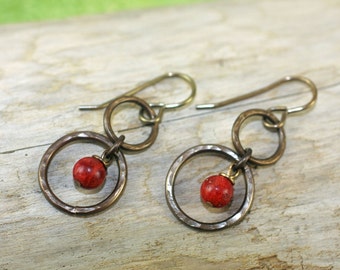 Oxidized, Natural, Vintaj Brass, Hammered Rings with Red Sponge Coral, Earrings