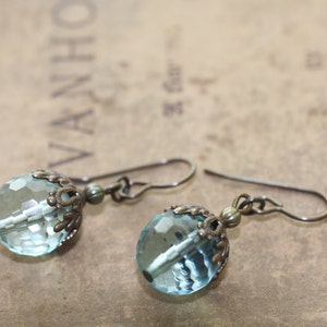 Natural, Oxidized, Vintaj Brass, Faceted Aqua Quartz with Canopy Bead Cap Earrings image 5