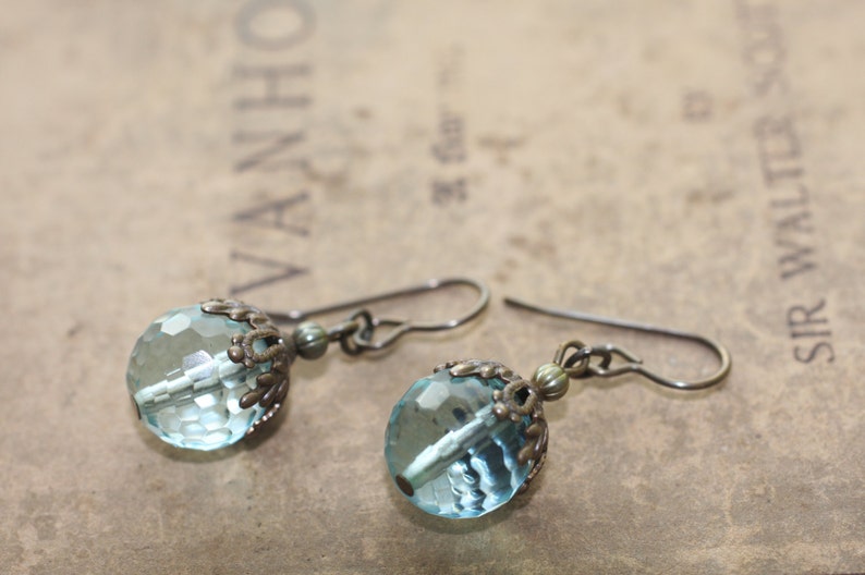 Natural, Oxidized, Vintaj Brass, Faceted Aqua Quartz with Canopy Bead Cap Earrings image 5