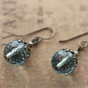 Natural, Oxidized, Vintaj Brass, Faceted Aqua Quartz with Canopy Bead Cap Earrings image 4