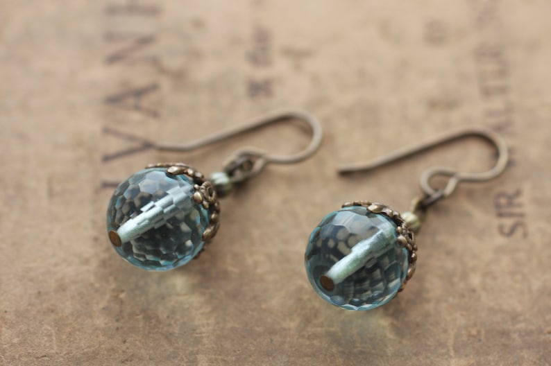 Natural, Oxidized, Vintaj Brass, Faceted Aqua Quartz with Canopy Bead Cap Earrings image 4