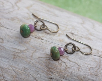 Oxidized, Natural, Vintaj Brass, rondelle shaped Fuchsite Ruby and Ruby, pink and green, petite, small earrings