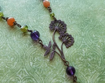 Oxidized brass, natural brass,  Vintaj, Amethyst, Red Aventurine, Peridot, natural stones, Queen Anne's Lace, purple, green, peach necklace