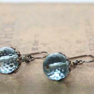 Natural, Oxidized, Vintaj Brass, Faceted Aqua Quartz with Canopy Bead Cap Earrings image 3