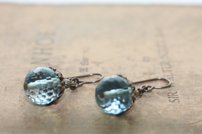 Natural, Oxidized, Vintaj Brass, Faceted Aqua Quartz with Canopy Bead Cap Earrings image 3