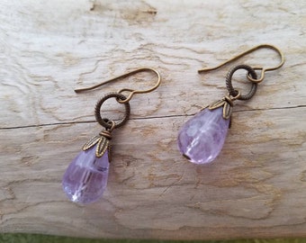 Oxidized brass,  natural brass,  Vintaj, teardrop, light Amethyst with beadcaps, natural stone earrings