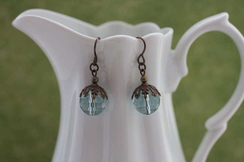 Natural, Oxidized, Vintaj Brass, Faceted Aqua Quartz with Canopy Bead Cap Earrings image 2