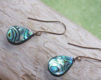 Oxidized, Natural, Vintaj Brass, teardrop shaped Abalone shell earrings on long wires