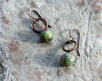 Oxidized, Natural, Vintaj Brass, Round, Fuchsite Ruby Natural Stone Earrings with etched rings, colorful, ruby, green