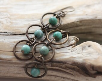 Natural, Oxidized, Vintaj Brass, Australian Dragon's Blood Jade in Three Rings, Earrings