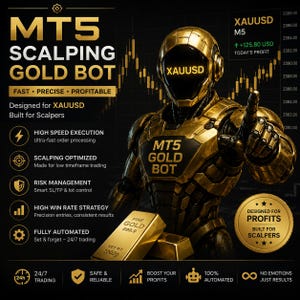 Może przedstawiać: Ilustracja złotego robota z tekstem "MT5 SCALPING GOLD BOT" i "XAUUSD". Obraz zawiera sztabki złota i wykresy finansowe, ze słowami "Designed for Profits" i "Built for Scalpers".