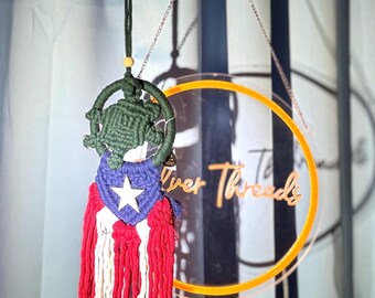 Puerto Rico Macrame Flag with Turtle • Boho Boricua Decor • Handmade Wall Hanging • Puerto Rican Cultural Gift