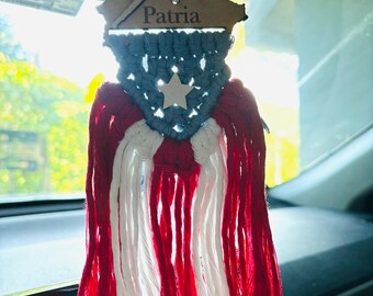 Puerto Rico Macrame Rearview Mirror Flag | Handmade Boho Pendant | Handmade Puerto Rican Gift