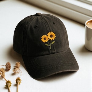 Sunflower Flower Embroidered Baseball Cap, Washed Cotton Curve Brim Summer Hat