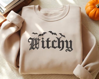 Embroidered Witchy Halloween Sweatshirt, Bat Style Crewneck