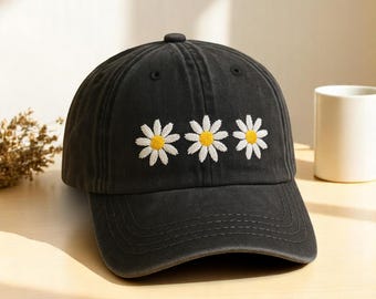 Embroidered Daisy Trucker Hat, Cotton Twill Cap