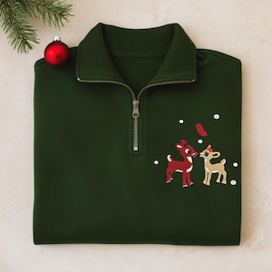 Rudolph and Clarice Christmas Embroidered Quarter Zip Sweatshirt, Matching Couples