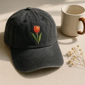 Tulip Flower Embroidered Baseball Cap, Washed Cotton Curve Brim Summer Hat