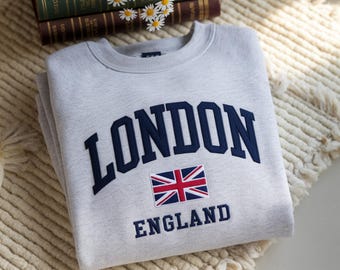 London England Embroidered Crewneck Sweatshirt, British Flag, Unisex