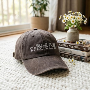 Embroidered Coffee Doodle Hat-Coffee Hat-Coffee Lover-Coffee Obsessed Hat Minimalist-Garment Dyed Cap-High Quality-Gift for her