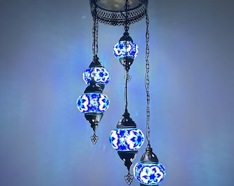 5 Blue Mosaic  Glass Globes Chandelier - Handmade Turkish Mosaic Pendant Lamp – Colorful Glass Ceiling Light – Boho Moroccan Cluster Lamp –