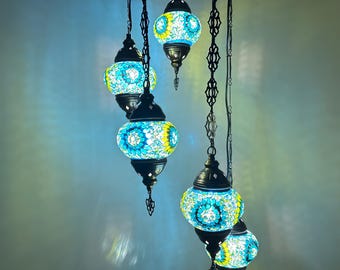 5 Green Mosaic  Glass Globes Chandelier - Handmade Turkish Mosaic Pendant Lamp – Colorful Glass Ceiling Light – Boho Moroccan Cluster Lamp
