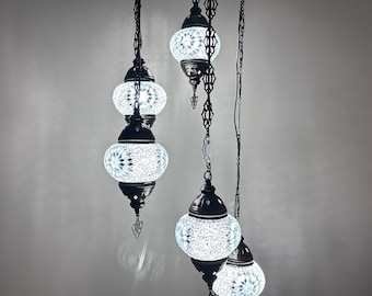 5 White Mosaic  Glass Globes Chandelier - Handmade Turkish Mosaic Pendant Lamp – Colorful Glass Ceiling Light – Boho Moroccan Cluster Lamp