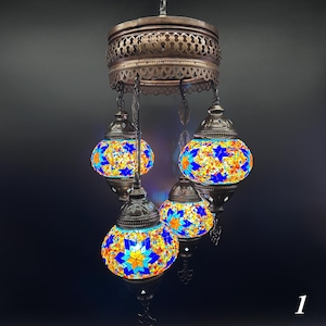 Handmade Turkish Mosaic Pendant Lamp – Colorful Glass Ceiling Light – Boho Moroccan Cluster Lamp – 4 Glass Mosaic Globes Chandelier