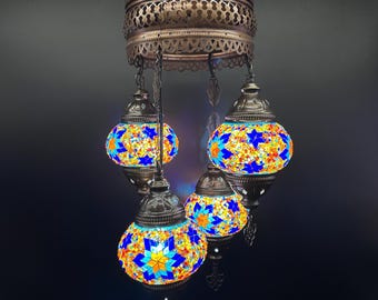 Handmade Turkish Mosaic Pendant Lamp – Colorful Glass Ceiling Light – Boho Moroccan Cluster Lamp – 4 Glass Mosaic Globes Chandelier
