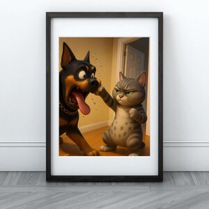 Funny Cat Punching Dog Wall Art, Humorous Animal Print, Cartoon Style Pet Poster, 3D Digital Artwork for Pet Lovers & Home Decor