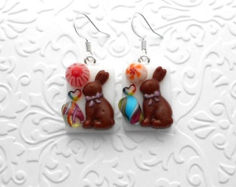 Chocolate Bunny Fused Glass Earrings - Easter Egg Earrings - Flower And Bunny Earrings - Fused Glass - Happy Easter Earrings A5997